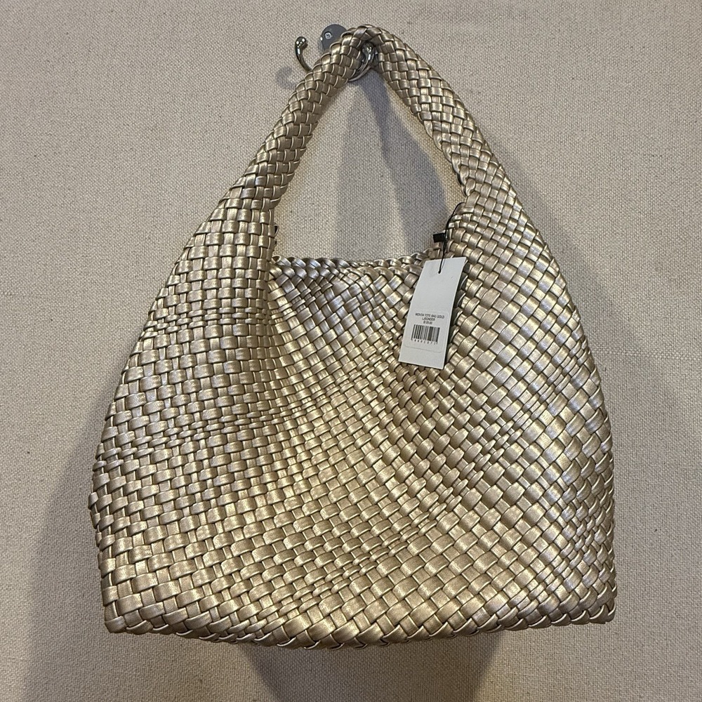 Large Woven Tote Bag Metallic Gold Shoulder Bag Purse-New with Tags & Beautiful! - Picture 8 of 9